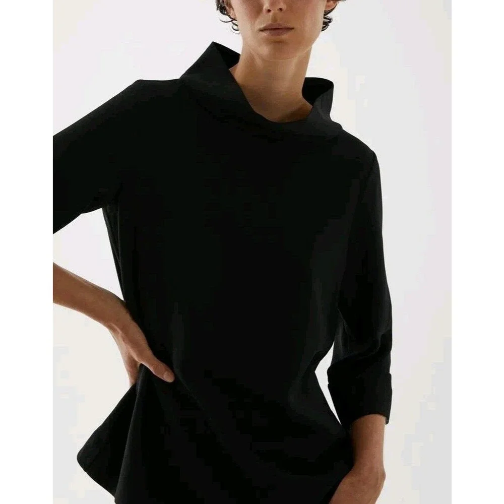 COS Funnel Neck Top S Black Minimalist Boxy Oversized 3/4 Sleeve Quiet Luxury